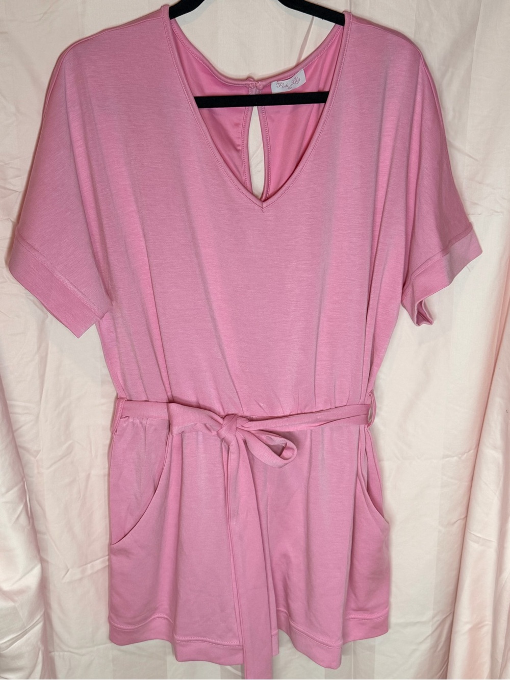 Pink Short Sleeve V-Neck Jumpsuit Romper with Belt